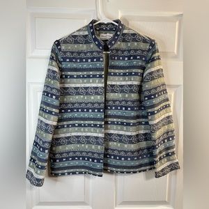 Alfred Dunner Jacket Womens Petite Green Blue Embroidered Leaves